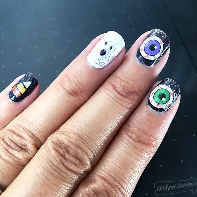 Eyeball, Candy Corn, and Ghost nail art