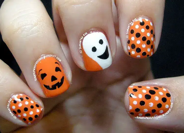 Pumpkin, Ghost, and Polka Dot nail designs