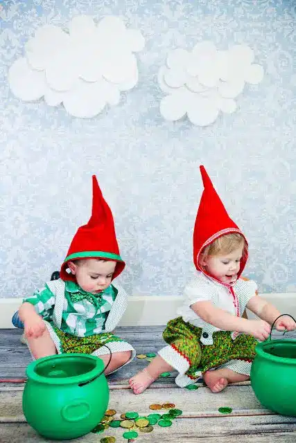 Twins dressed up in gnome costumes for Halloween
