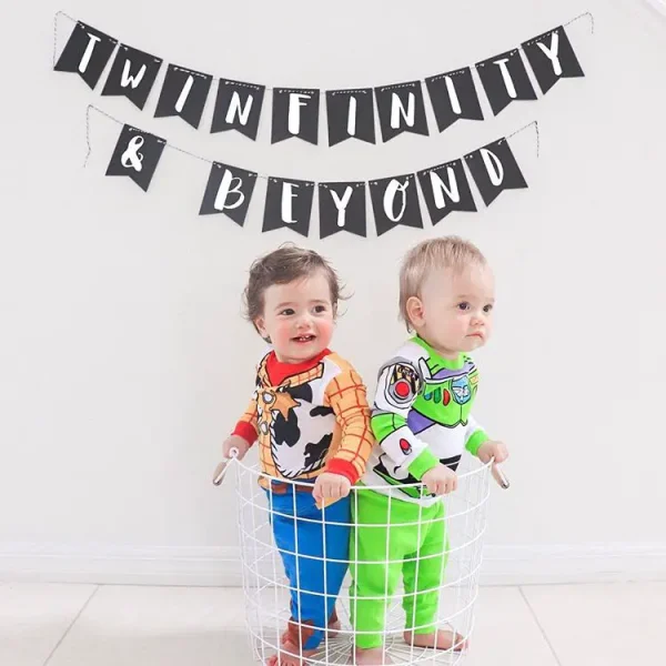 Twin Halloween costumes with Woody and Buzz from Toy Story