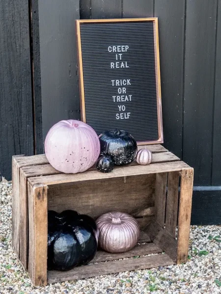 Letter board that says "creep it real trick or treat yo self"