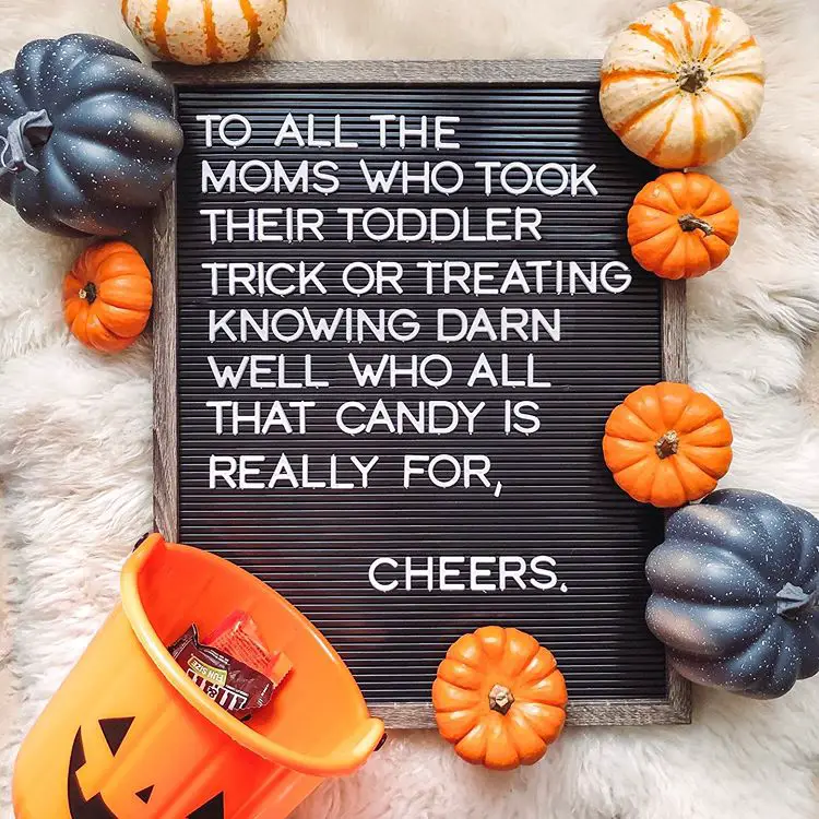 Letter board that says "to all the moms who took their toddler trick or treating knowing darn well who all that candy is really for, cheers"