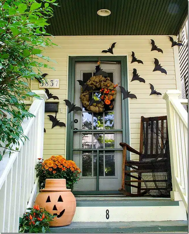 Halloween porch idea with black bats