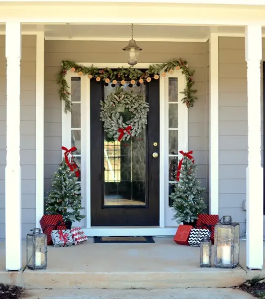 Christmas Porch with Light Up Trees