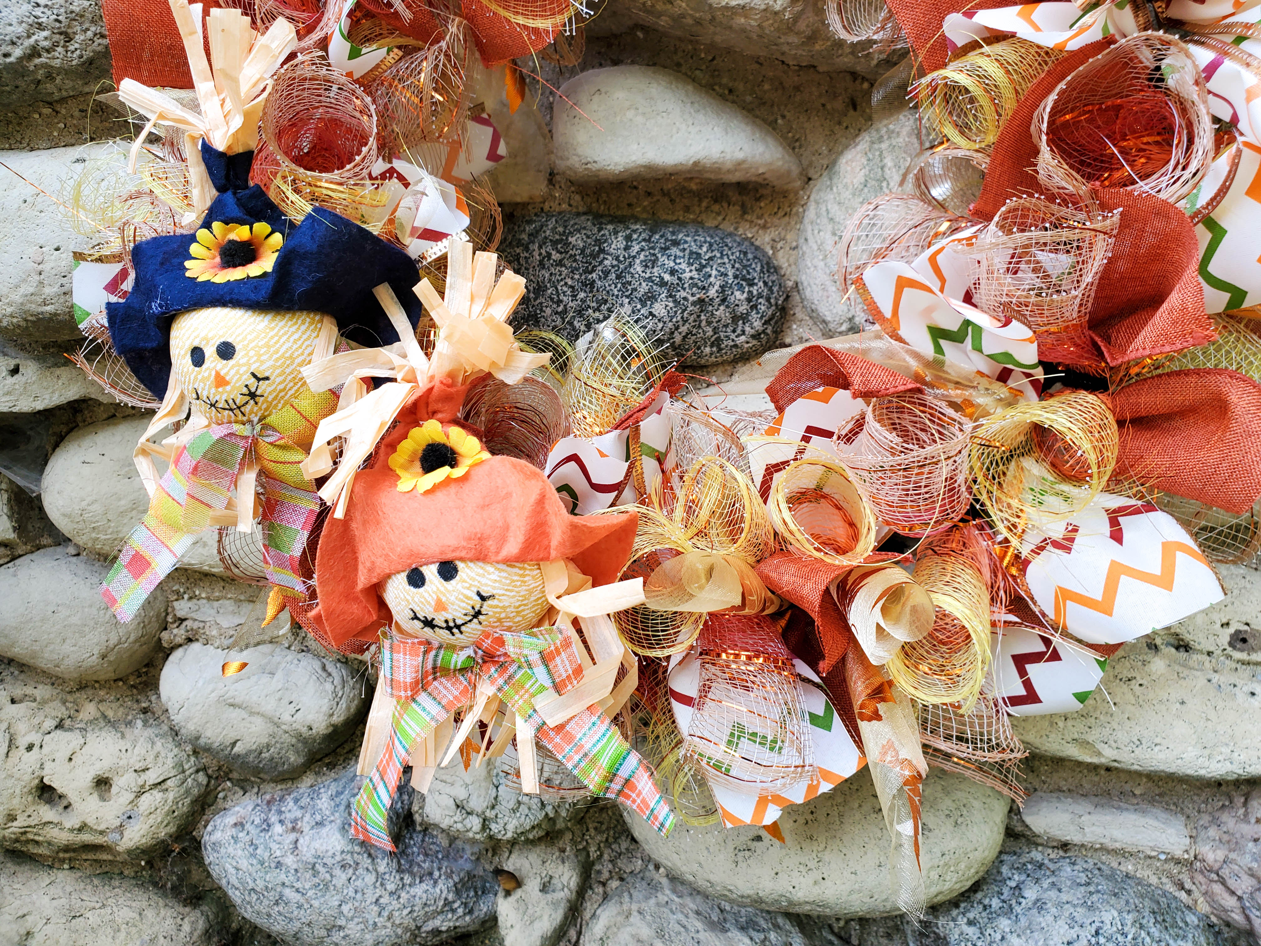 handmade fall wreath mesh scarecrow