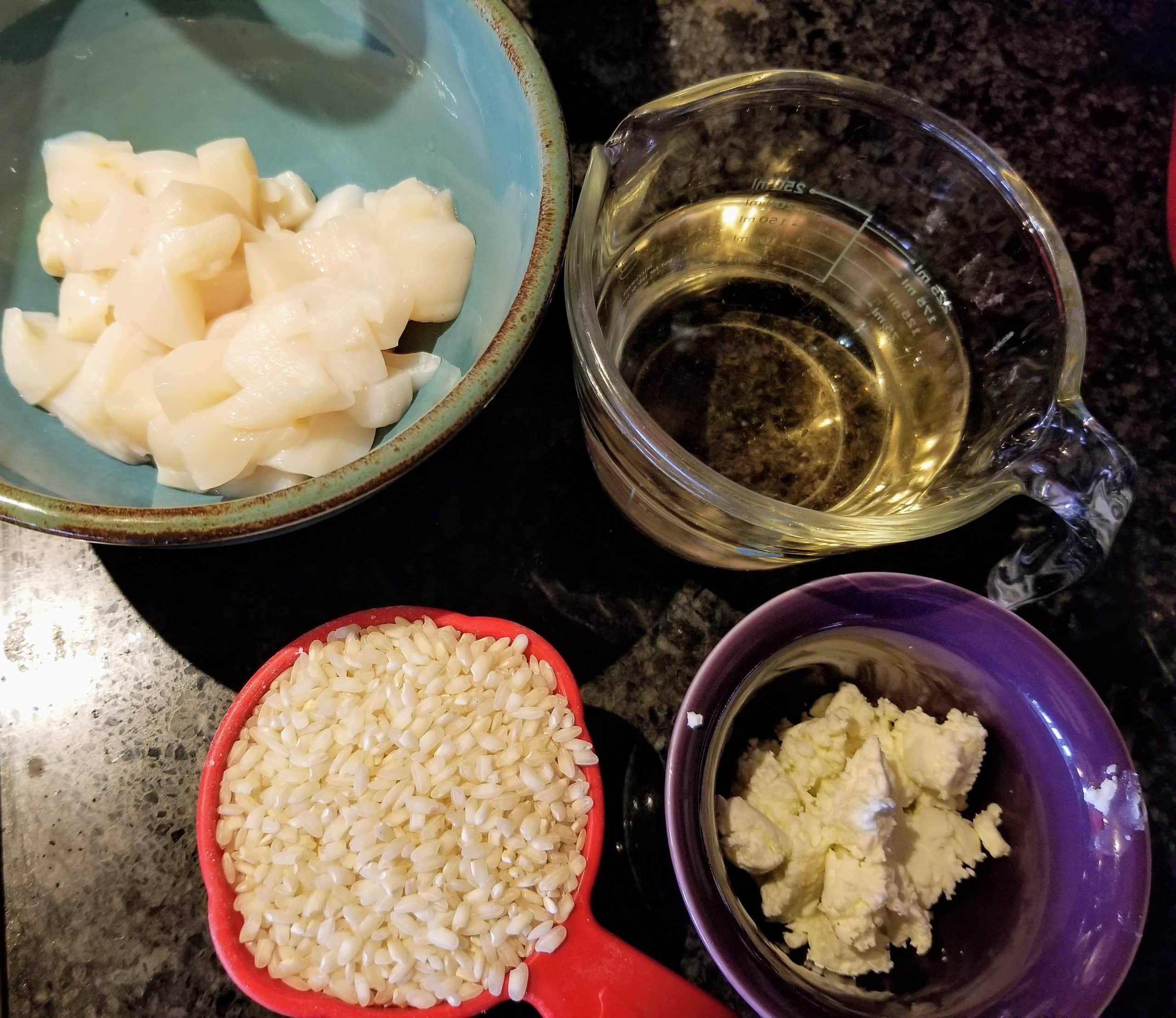 mise en place for scallop risotto