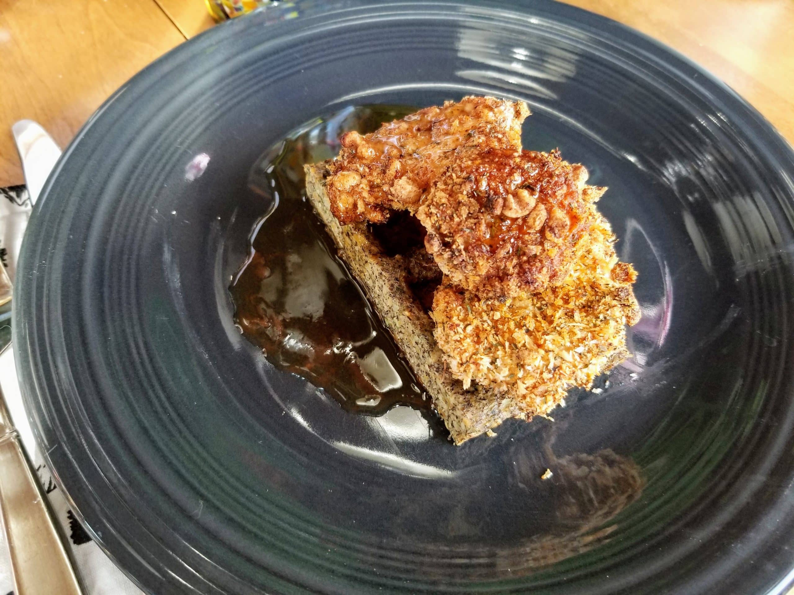 healthier chicken and waffles with spicy syrup