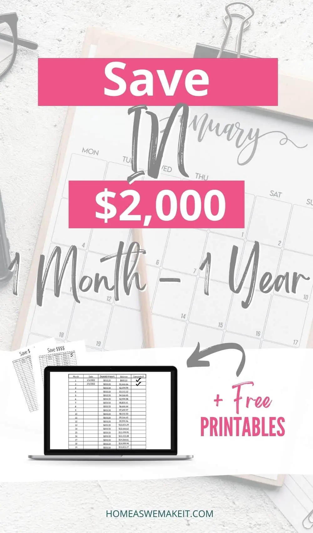 Save $2,000 in 1 month to 1 year with these printable pdf charts