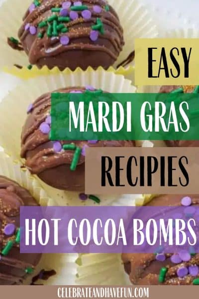 hot cocoa bombs in wrappers decorated for mardi gras