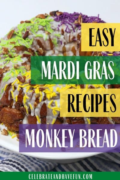 monkey bread with purple green and yellow icing for mardi gras