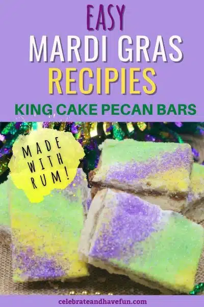 king cake pecan bars on a plate with mardi gras beads around them