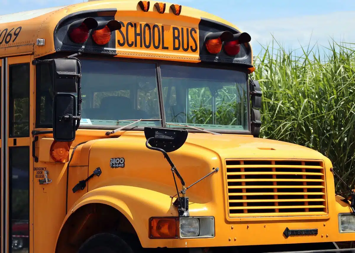 A close up picture of the front of a school bus.