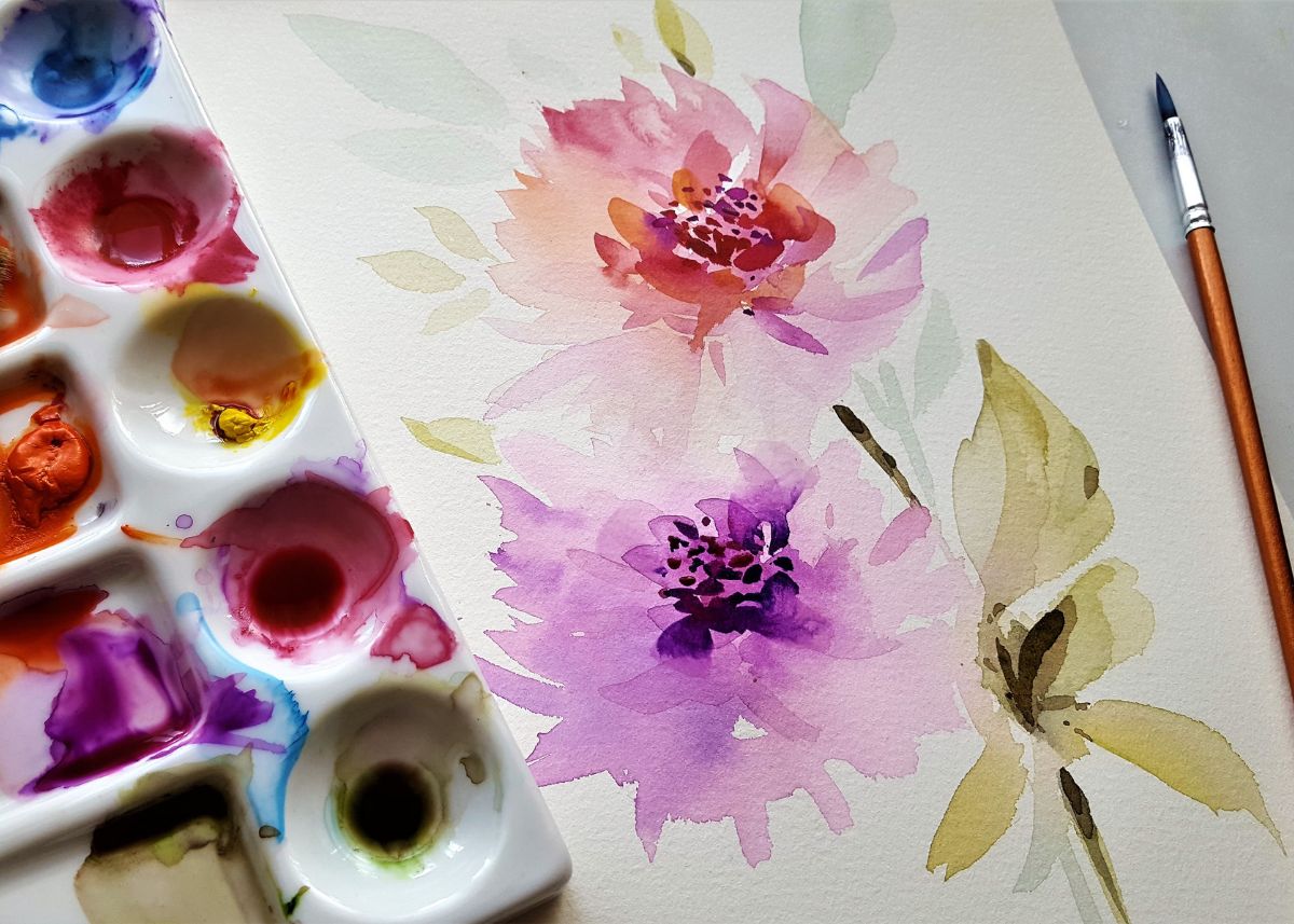 A watercolored painting of flowers, paints, and paintbrushes.  