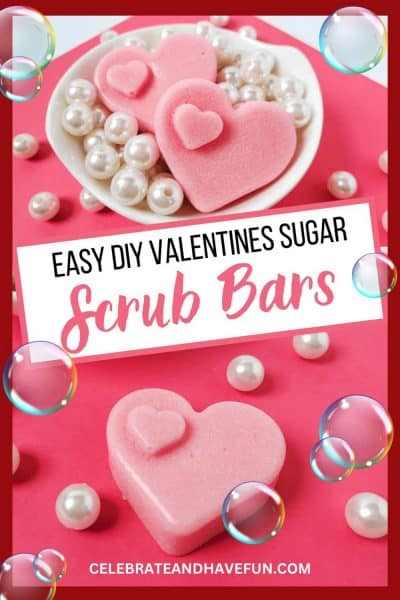 Heart Sugar Scrub Soap Bars on a dish with pearls and bubbles