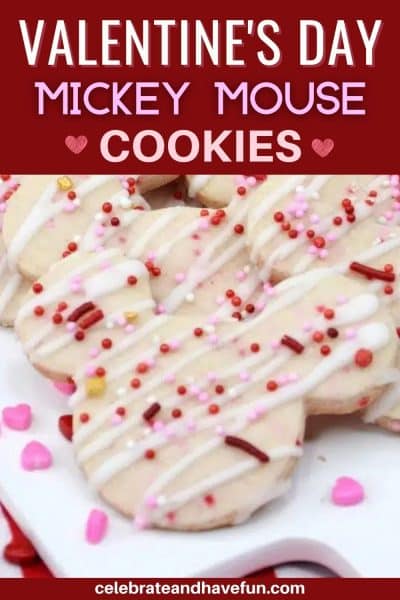 Mickey Mouse shaped cookies with sprinkles and frosting for Valentine's Day