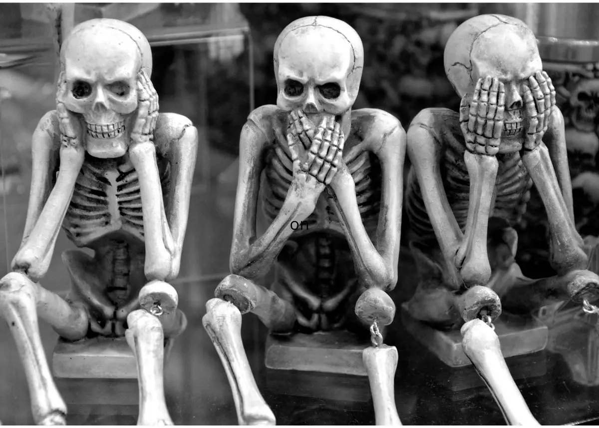 This is a picture of three skeletons sitting down next to each other. On e is covering its ears.  One is covering his mouth.  One is covering his eyes.