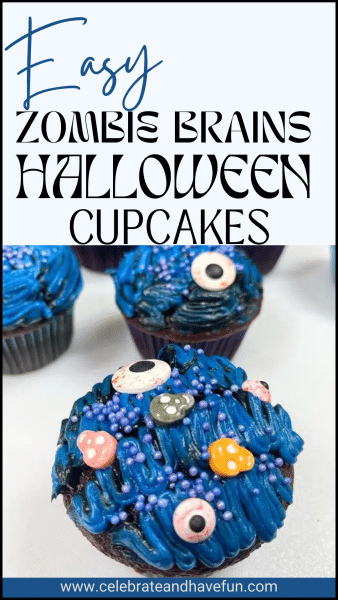 cupcakes decorated with blue frosting, skulls and eyeballs