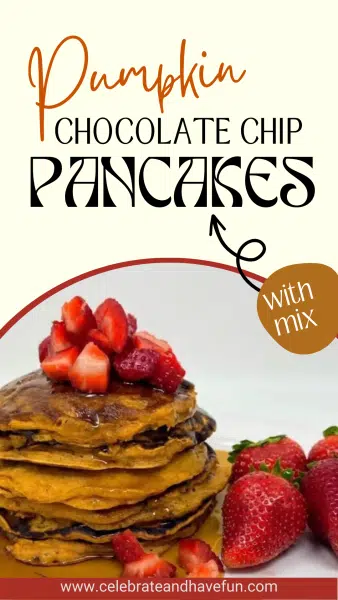 pumpkin chocolate chip pancakes with strawberries on top