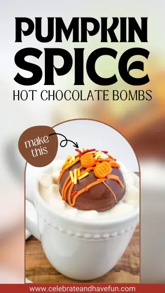 pumpkin spice hot chocolate bomb in a white mug