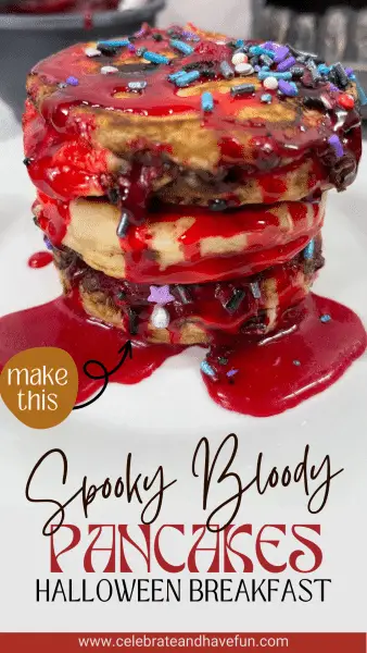 pancakes with strawberry syrup on them that looks like blood for a Halloween breakfast treat
