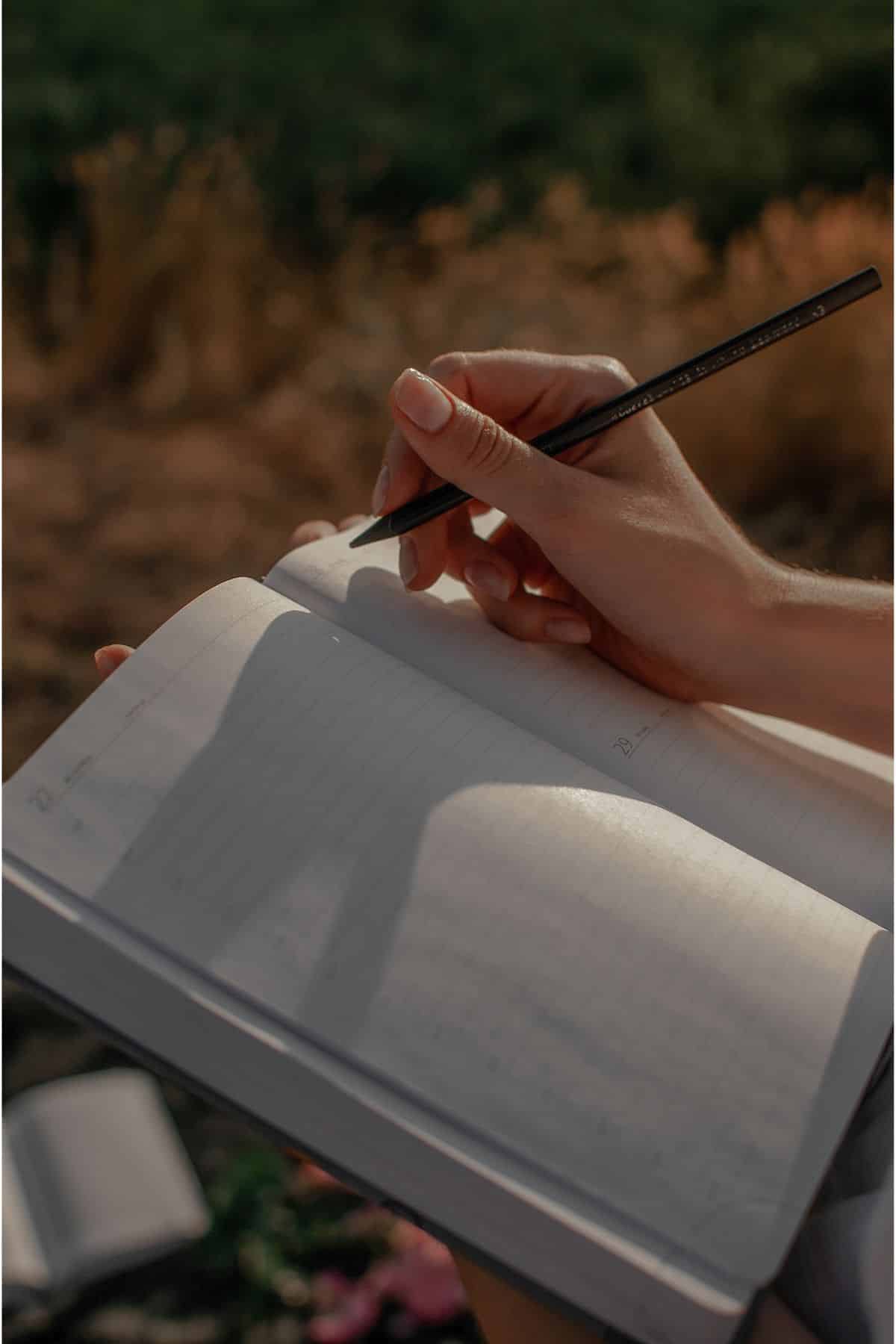 Someone is writing with a pen in a notebook outside.  You can just see their hand holding the pencil.  