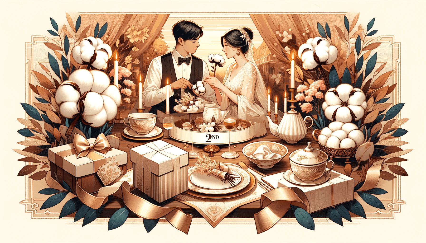 A banner-style image ideal for a 2nd wedding anniversary featuring traditional and modern themes. The image includes visual elements representing cotton.