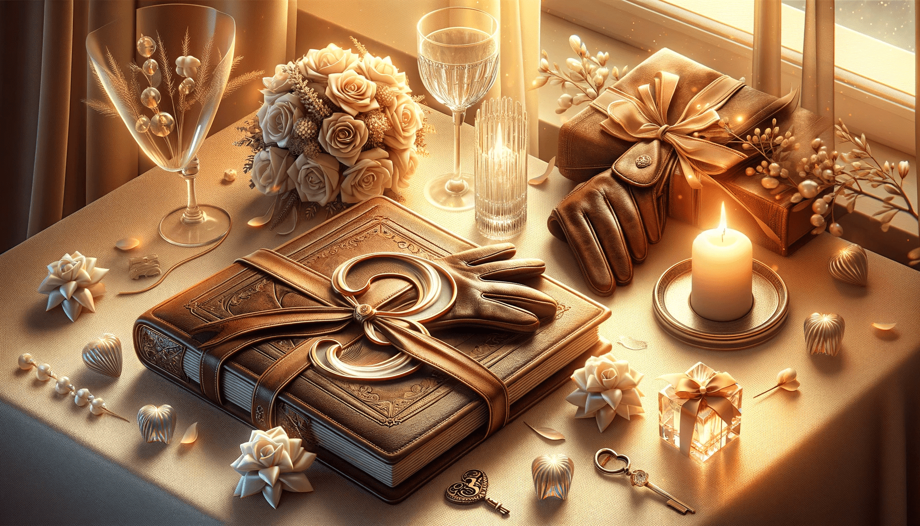 A beautiful and elegant image symbolizing a 3rd wedding anniversary celebration. The image includes symbols traditionally associated with the 3rd anni