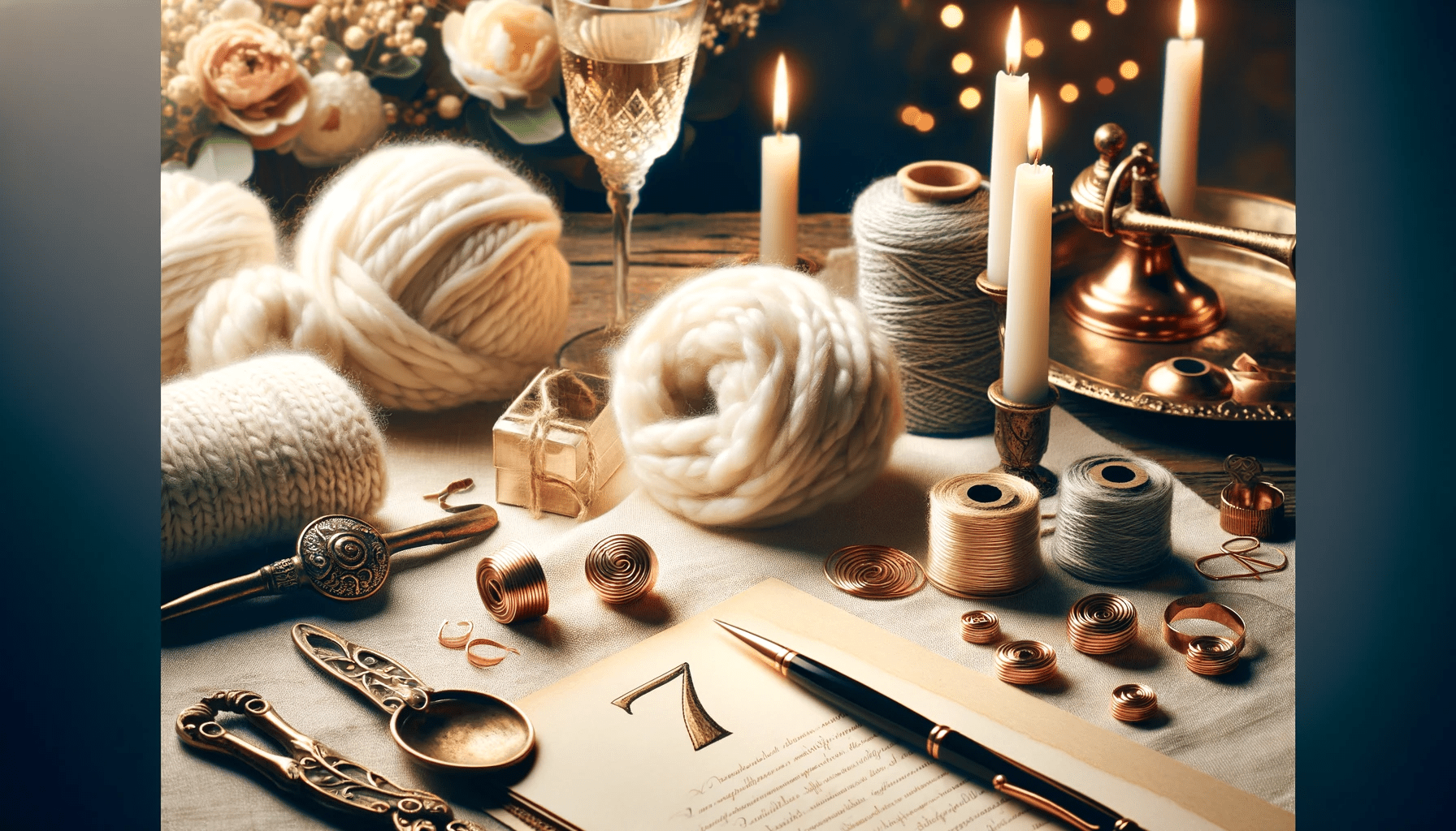A featured image ideal for an article on the 7th wedding anniversary, incorporating the traditional (wool or copper) and modern (desk stationery) them
