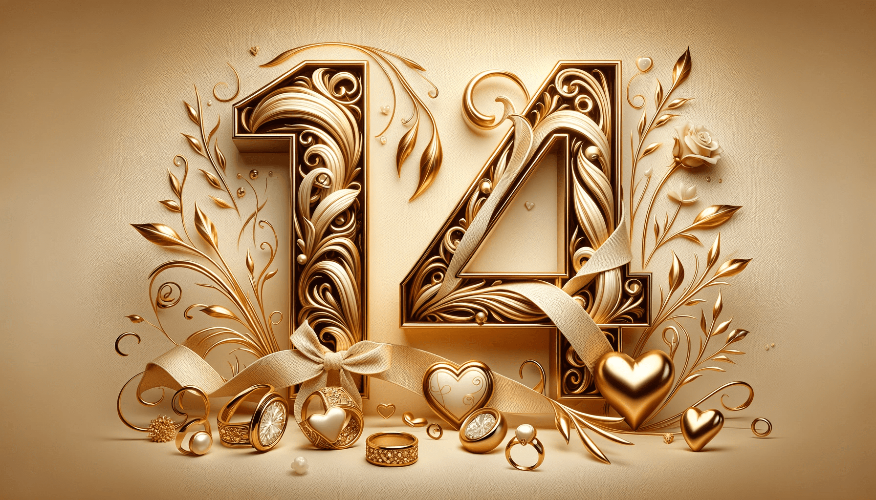 A beautiful and elegant featured image for a 14th wedding anniversary article. The image should be celebratory and romantic, incorporating elements of