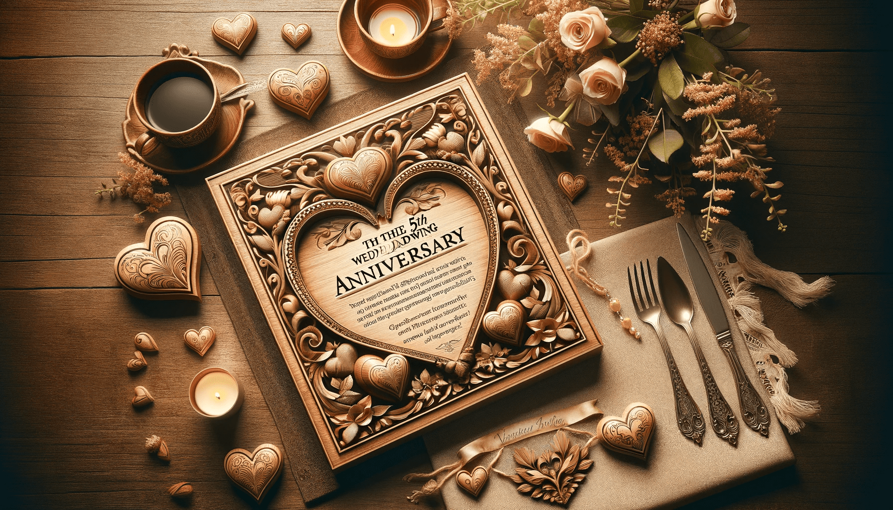 A featured image for an article about the 5th wedding anniversary. The image should visually represent the traditional theme of wood and the modern theme