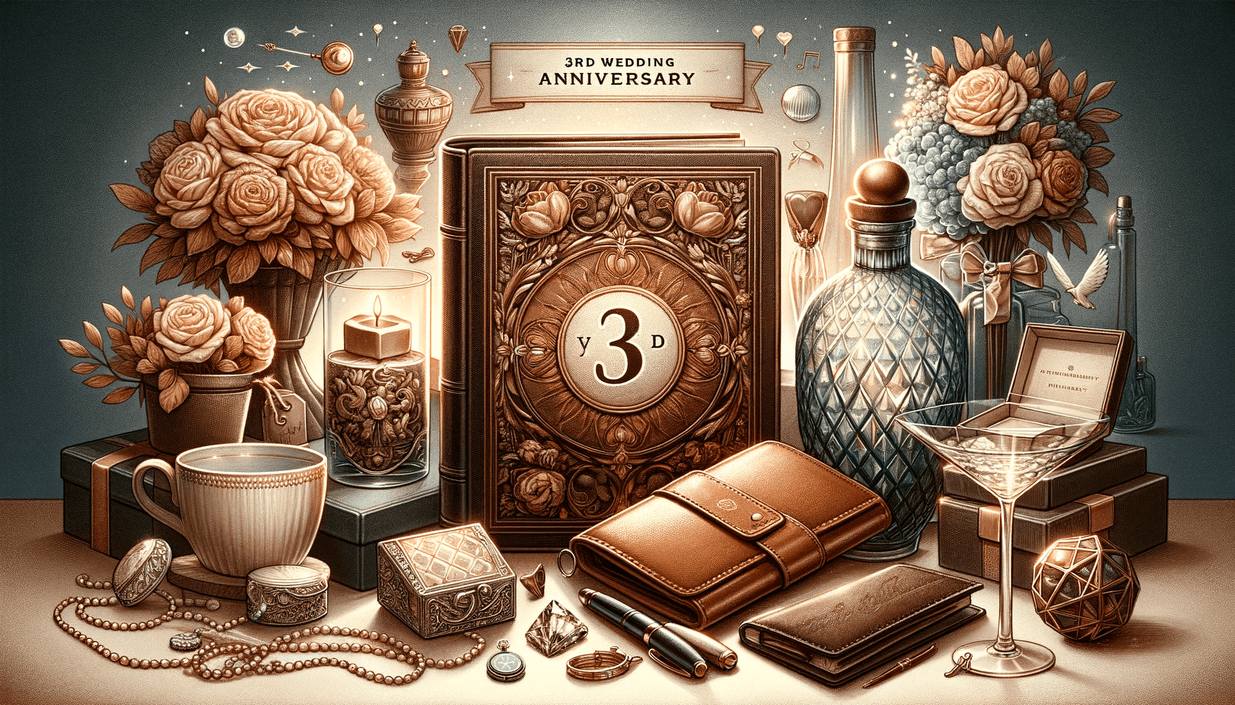 A featured image for an article on ideal gifts for a 3rd wedding anniversary. The image includes symbols representing the traditional and modern theme