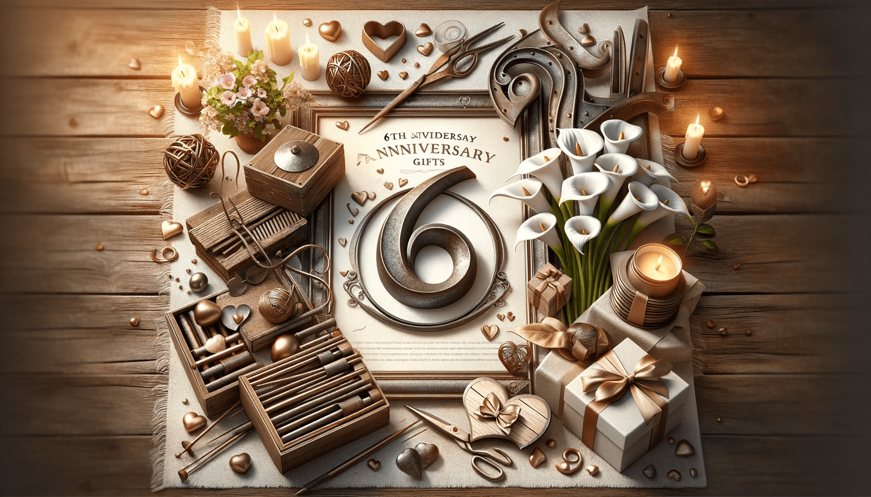 A featured image for a blog article about ideal gifts for a 6th wedding anniversary. The image should include elements representing the traditional 6t