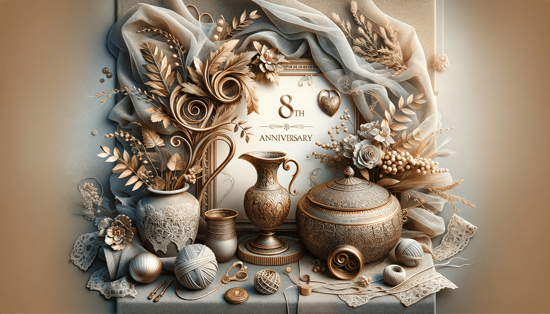 An elegant and creative featured image for an article about ideal gifts for an 8th wedding anniversary. The image should visually represent the traditION.