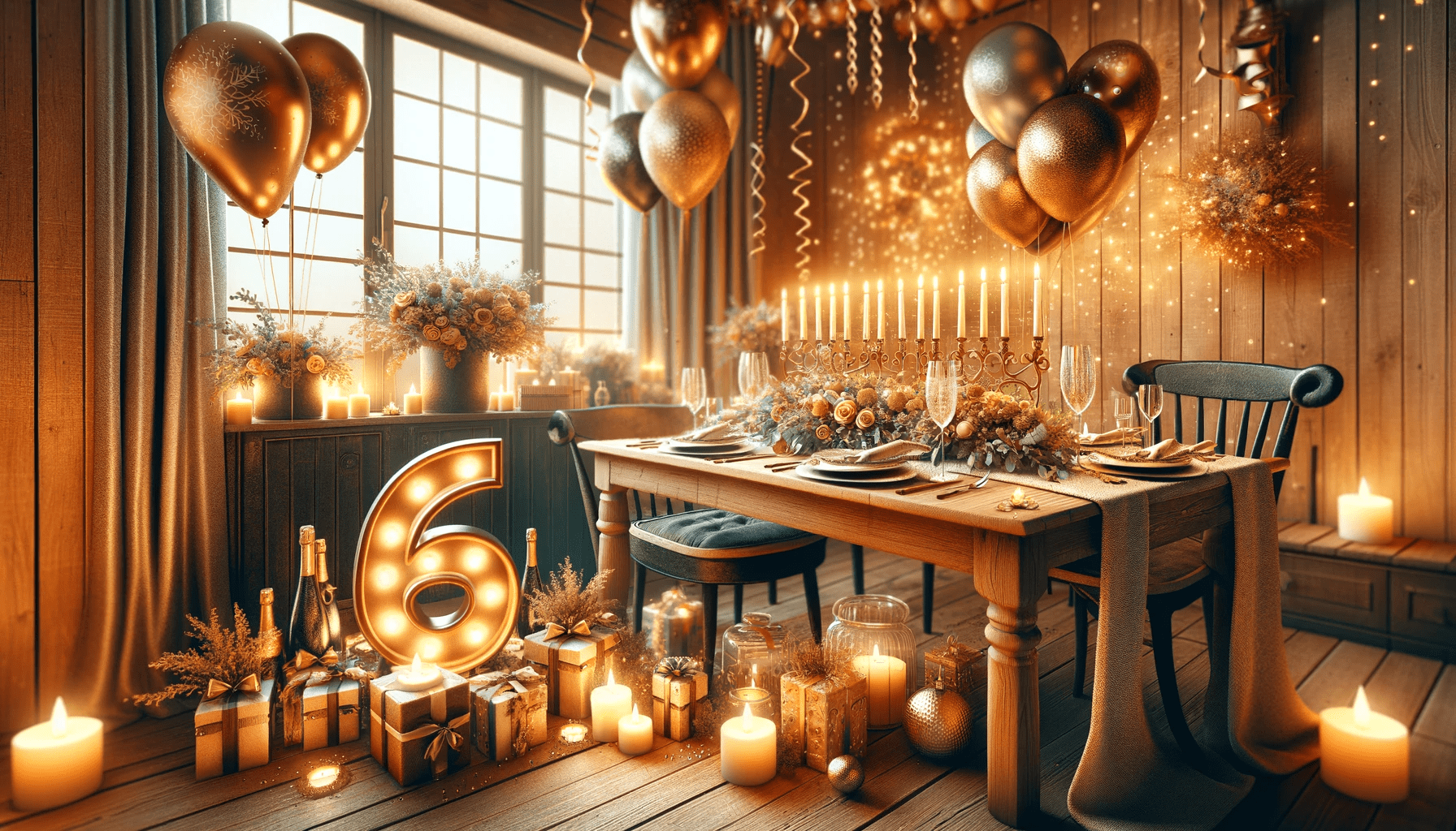 A festive and celebratory image for a 6th wedding anniversary, featuring elements of both traditional (iron) and modern (wood) themes.