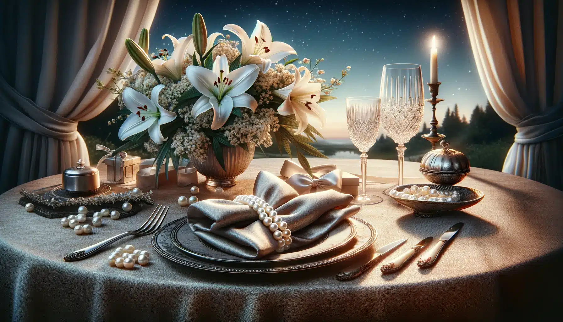 an-image-that-embodies-the-ideal-setting-for-a-12th-wedding-anniversary-featuring-a-mix-of-traditional-silk-and-linen-and-modern-pearls