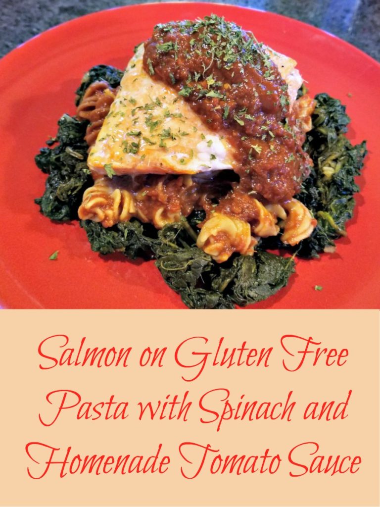 gluten free pasta, Cybele Pasta, Salmon on Gluten Free Pasta with Spinach and Fresh Tomato Sauce, AD