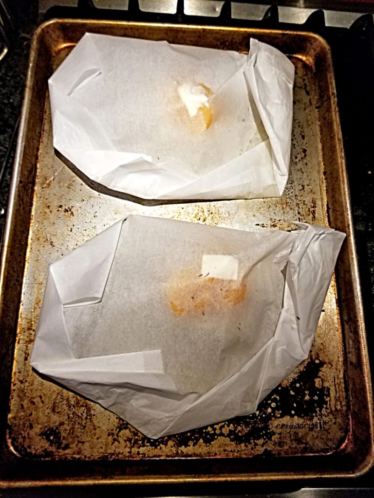 packets on baking sheet
