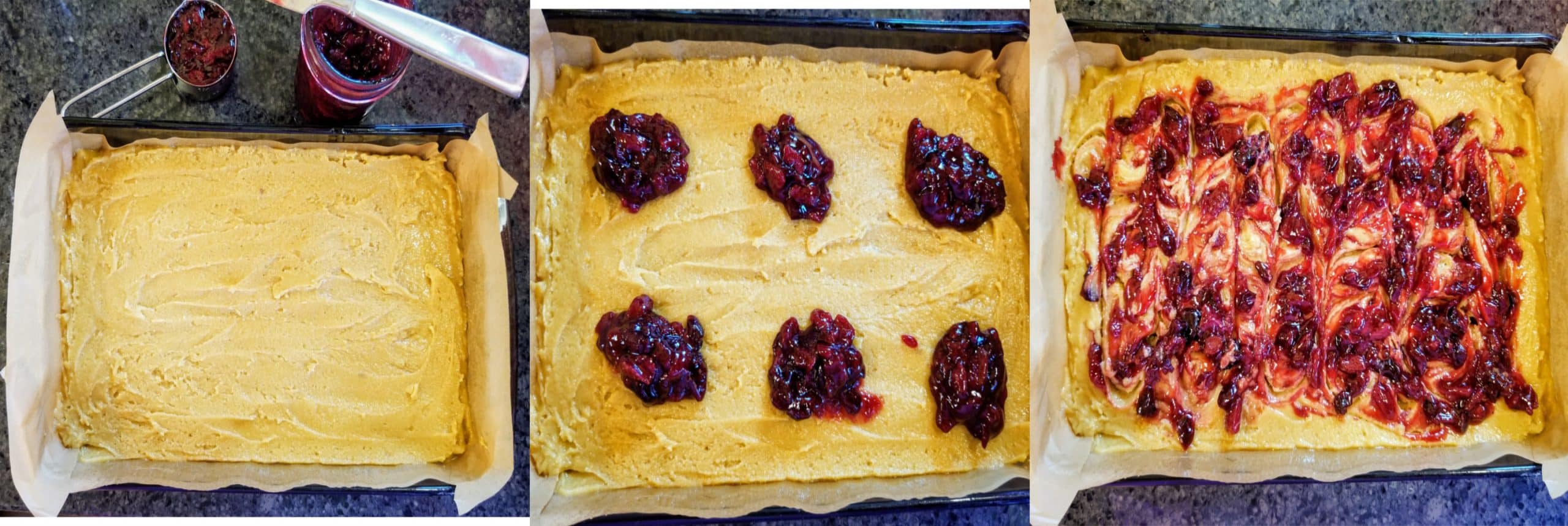 add batter to pan, add jam and swirl