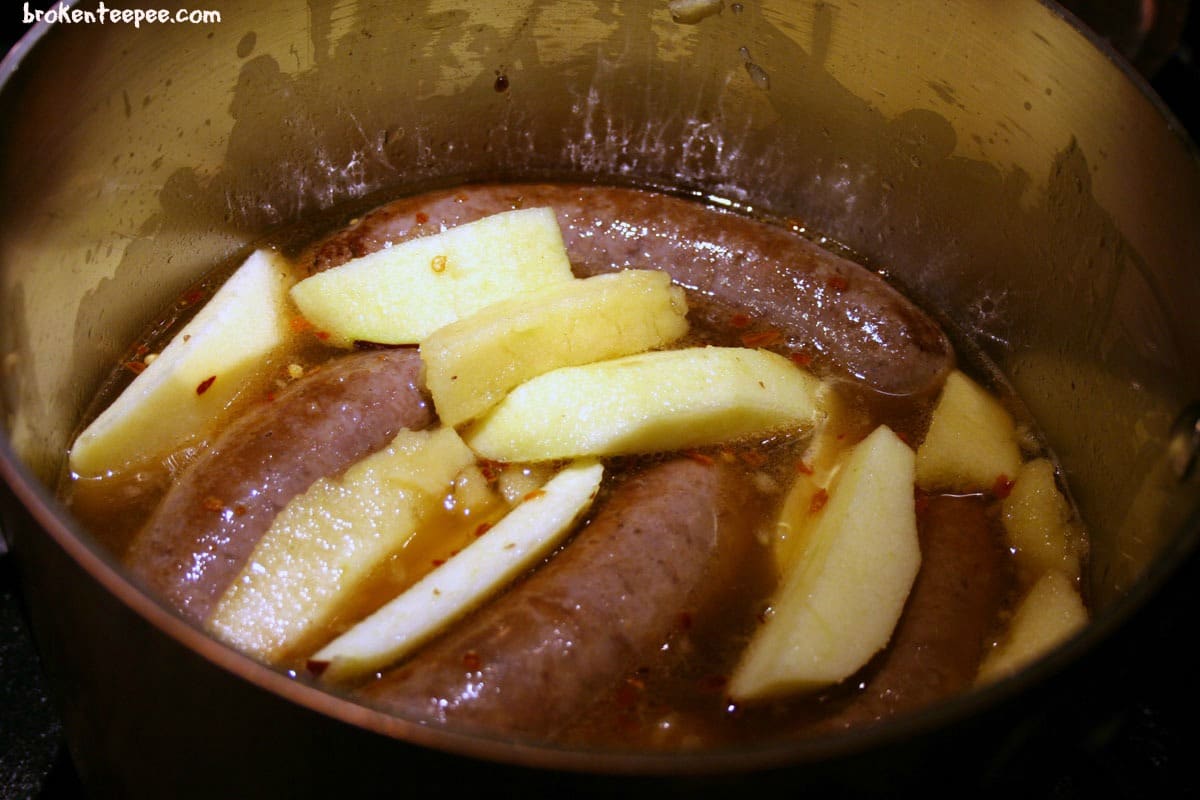 Venison Recipe – Apple Firebomb Venison Brats on Cabbage