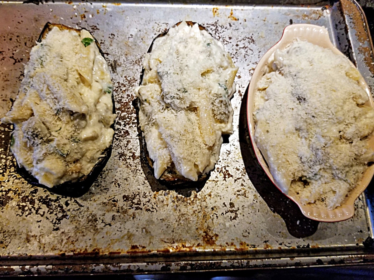 fill eggplant skins with stuffing and bake