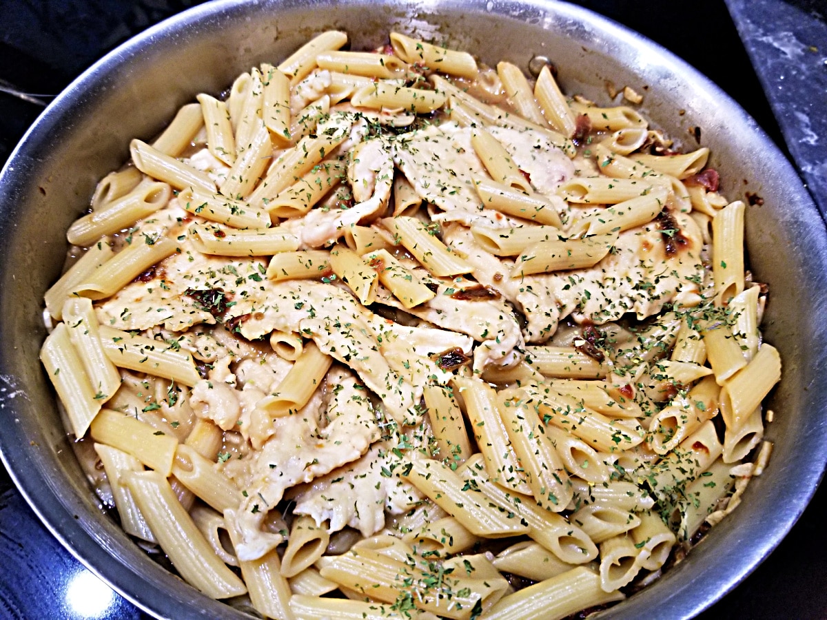 Pan Fried Chicken with Garlic and Dried Tomatoes on Penne