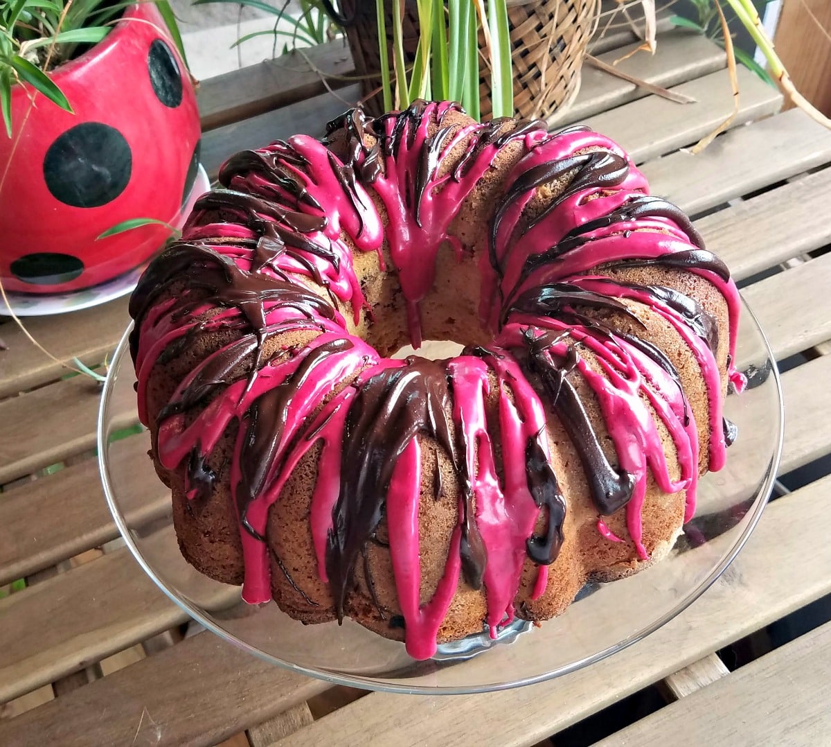 Huckleberry Swirl Bundt Cake with Huckleberry and Chocolate Drizzles