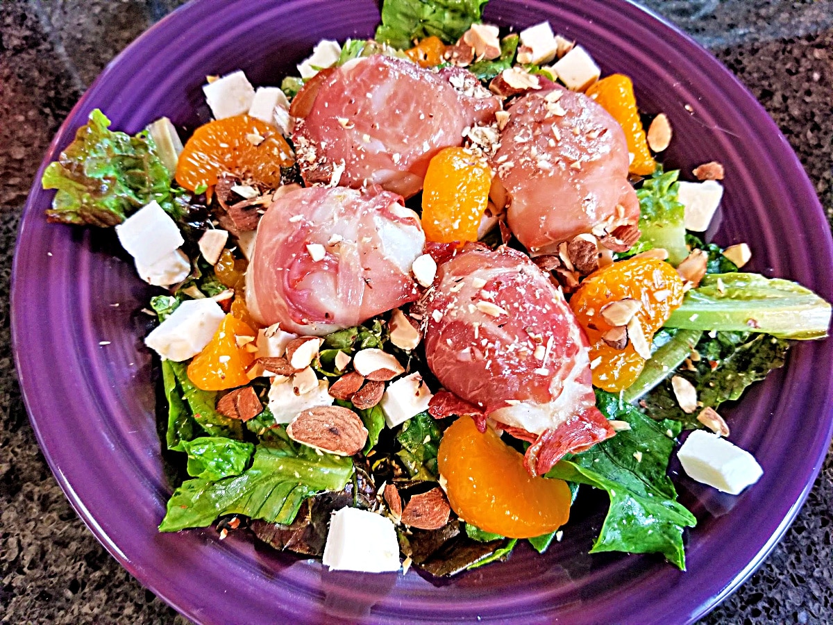 Air Fryer Scallops Wrapped in Proscuitto with Mandarin Salad