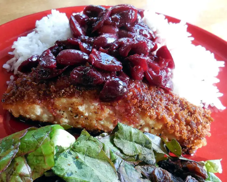 Salmon with Red Wine Cherry Sauce and a Pork Chop Alternative