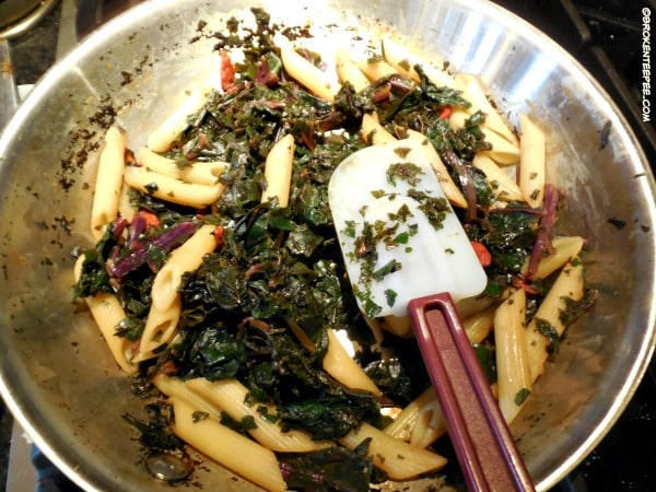 cook kale, add penne and goji berries