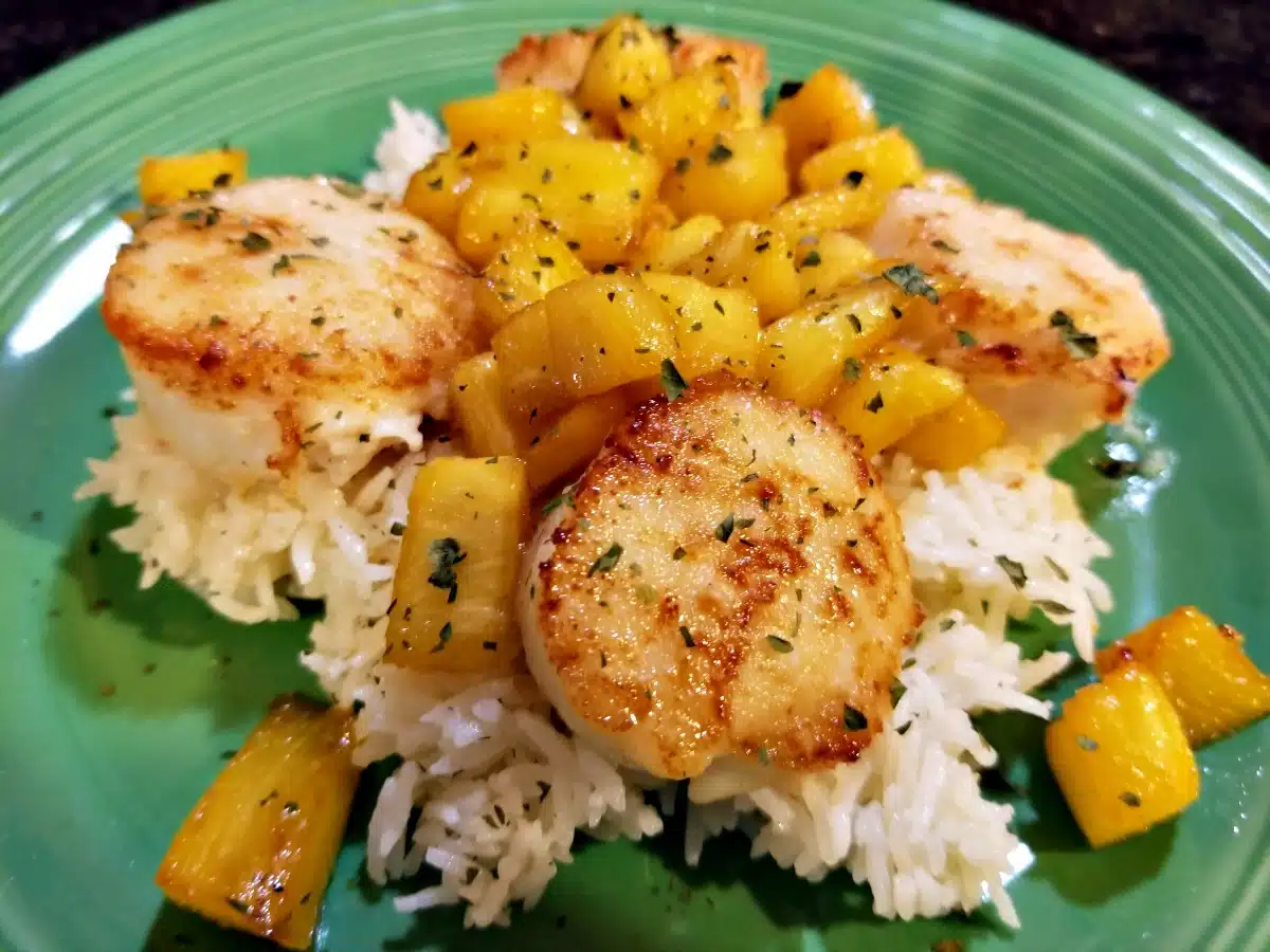 Pan Seared Scallops with Ginger Pineapple on Jasmine Rice