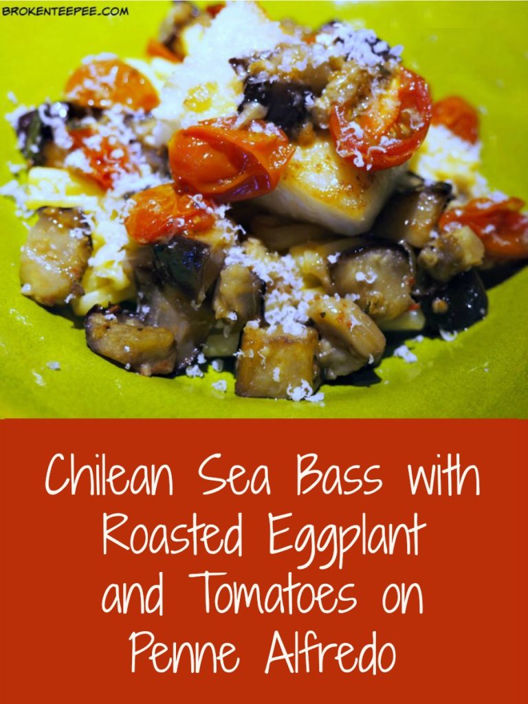 Chilean Sea Bass with Roasted Eggplant and Tomatoes on Penne Alfredo, Chilean Sea Bass Recipe, Chilean sea bass