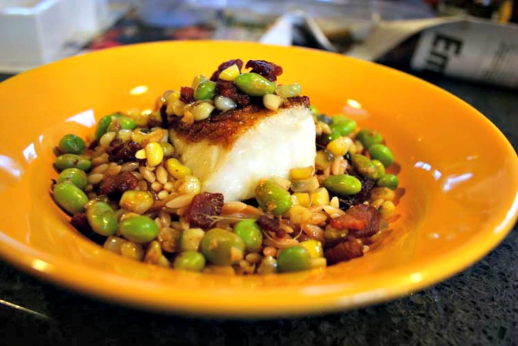how to cook Chilean sea bass, Chilean sea bass recipe, Chilean sea bass on toasted orzo with corn, edamame and bacon, sea bass recipe, celebration recipe