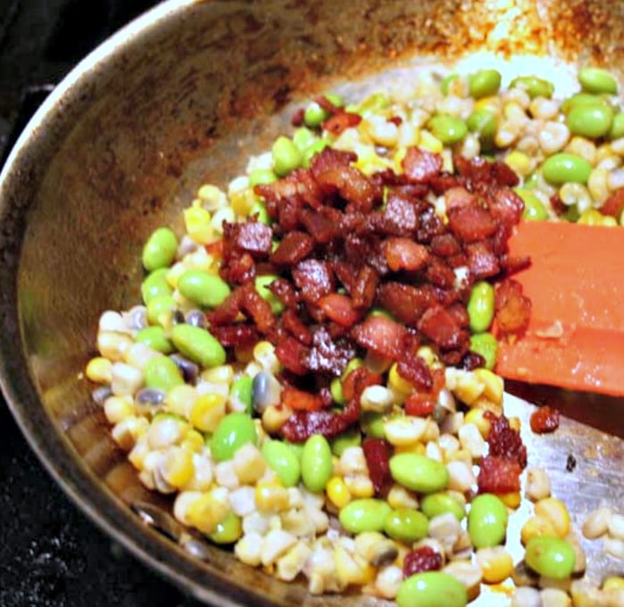how to cook Chilean sea bass, Chilean sea bass recipe, Chilean sea bass on toasted orzo with corn, edamame and bacon, sea bass recipe, celebration recipe